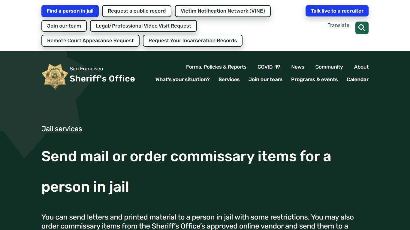 Send mail or order commissary items for a person in jail | San ...